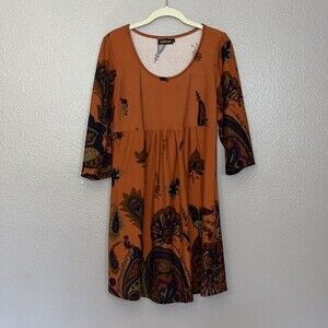 Reborn woman’s burnt orange paisley print long sleeve dress Large
